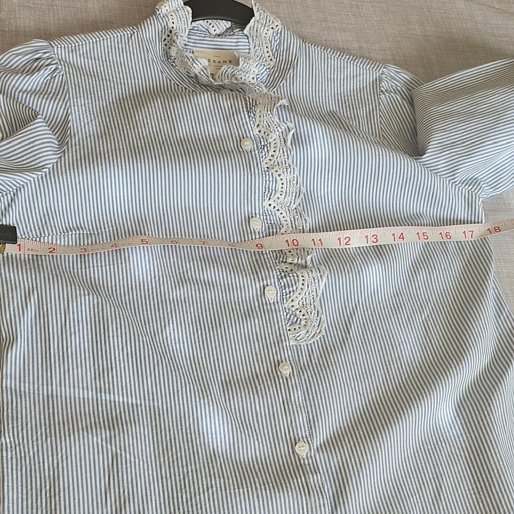 Navy Striped Women's Blouse with Ruffle Detail - Picture 5 of 11